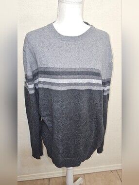 Claiborne Men's Gray Striped Crewneck Sweater